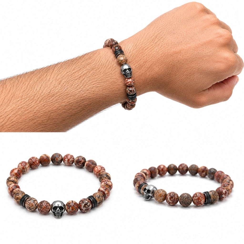 Herren Totenkopf Armband mit Naturstein-Perlen in Braun-Rot-Tönen – Skull Armband für Biker Rock Streetwear – Bild 3