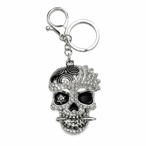 Totenkopf Schlüsselanhänger mit Strass silberfarben – glitzernder Skull Taschenanhänger Unisex