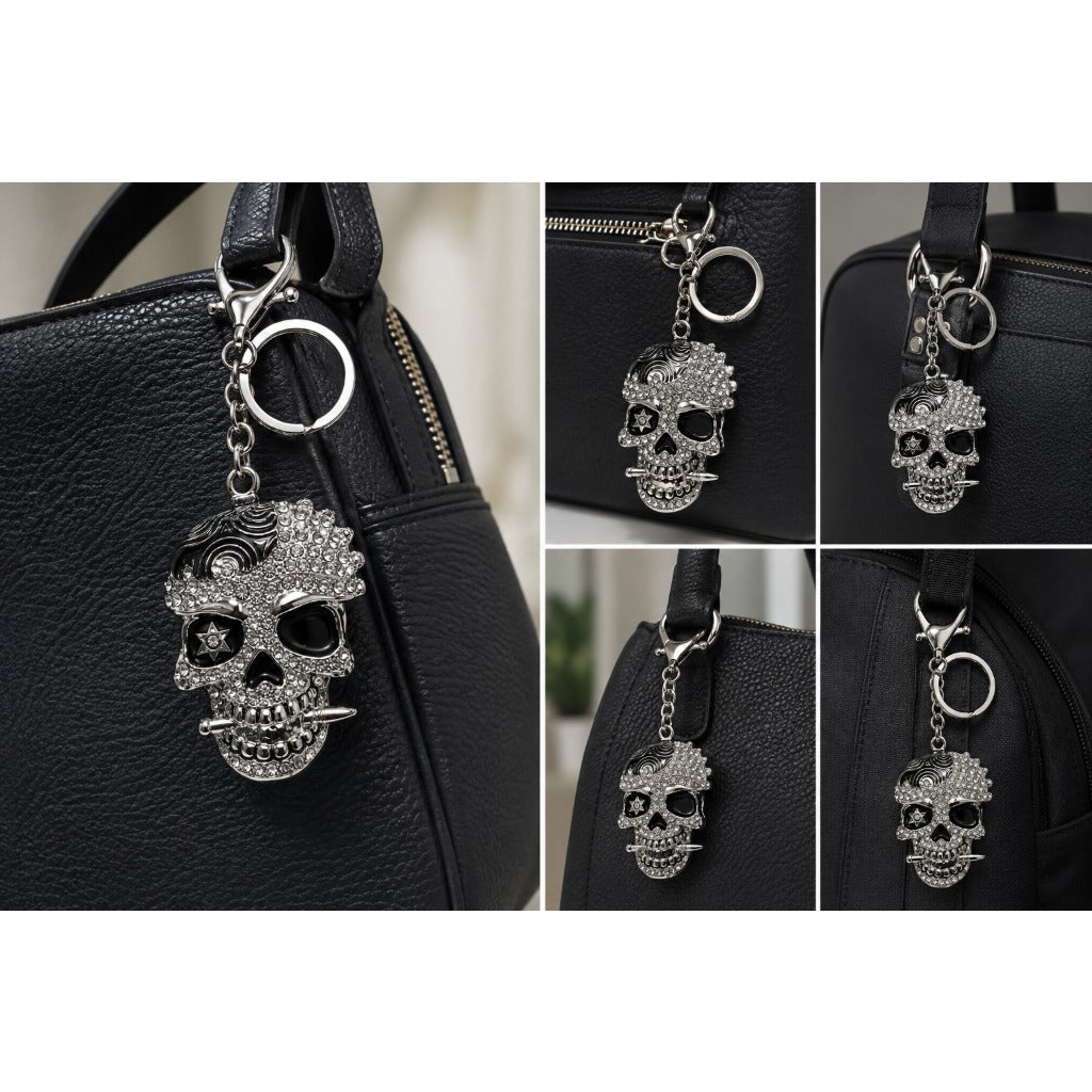 Totenkopf Schlüsselanhänger mit Strass silberfarben – glitzernder Skull Taschenanhänger Unisex – Bild 2