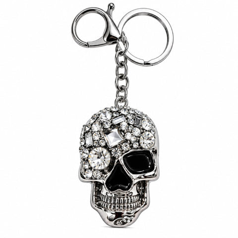 Totenkopf Schlüsselanhänger mit Strass Silberfarbe – funkelnder Skull Taschenanhänger für Damen und Herren