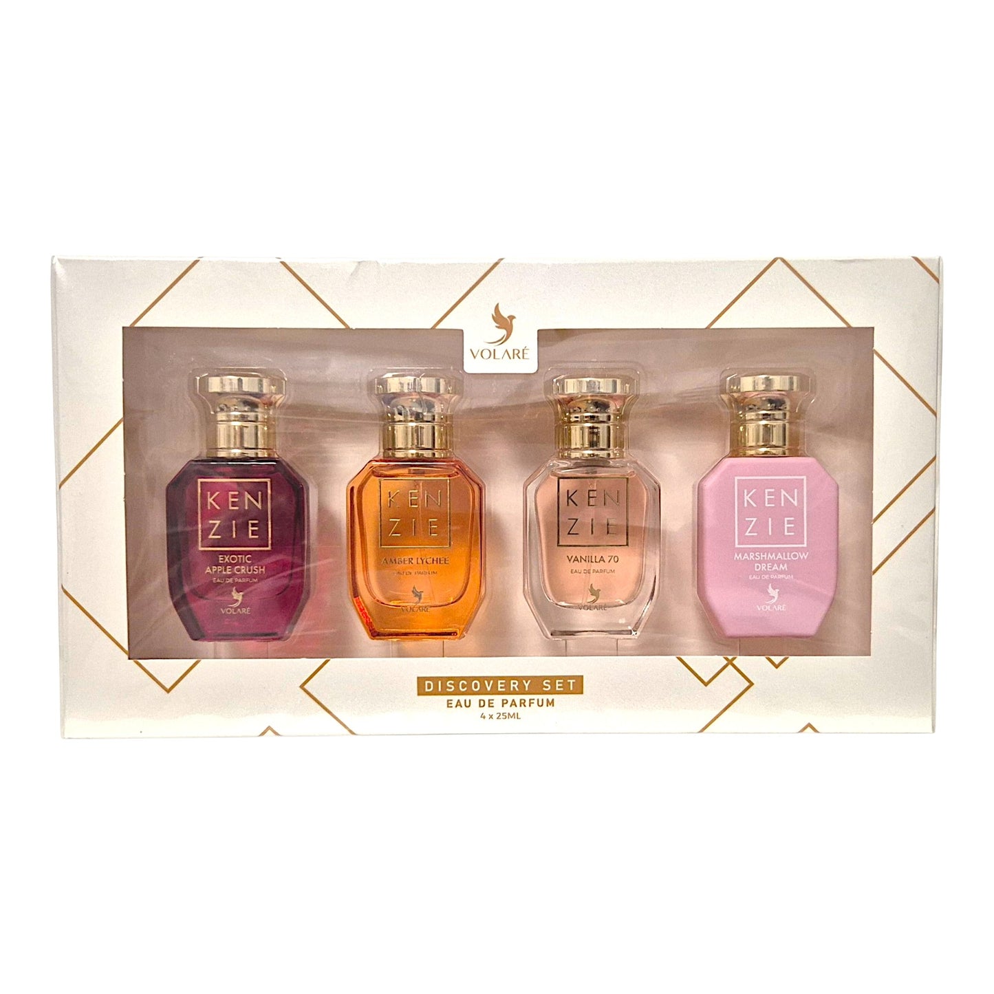 Volaré Kenzie Discovery Set Eau de Parfum 4 x 25 ml mit Exotic Apple Crush, Amber Lychee, Vanilla 70 und Marshmallow Dream im eleganten Duftset für Damen
