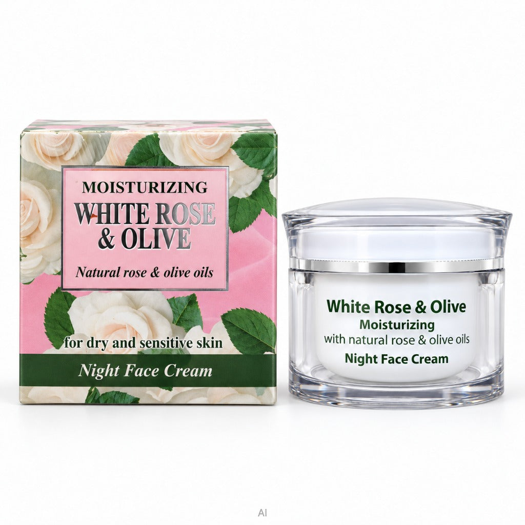 Aroma Essence White Rose & Olive Nachtcreme 50 ml mit Rosenöl und Vitamin E für trockene und empfindliche Haut