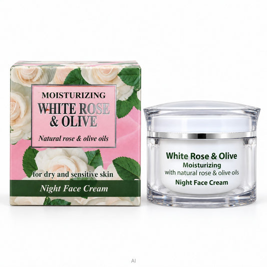 Aroma Essence White Rose & Olive Nachtcreme 50 ml mit Rosenöl und Vitamin E für trockene und empfindliche Haut