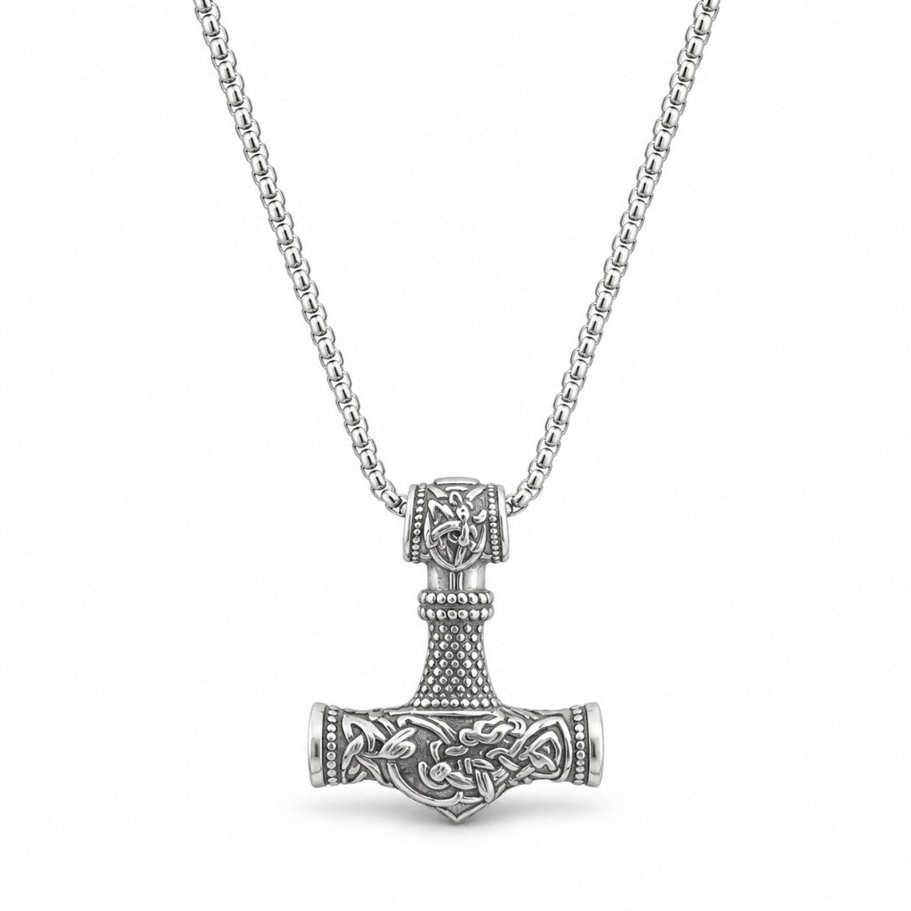 Wikinger Halskette Thors Hammer Mjölnir silberfarben Herren 58 cm Anhänger 4x3,5 cm