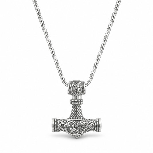 Wikinger Halskette Thors Hammer Mjölnir silberfarben Herren 58 cm Anhänger 4x3,5 cm