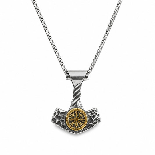 Wikinger Halskette mit Thors Hammer Mjölnir Vegvisir Anhänger 6x4,5 cm Runenmotiv nordischer Schmuck Unisex