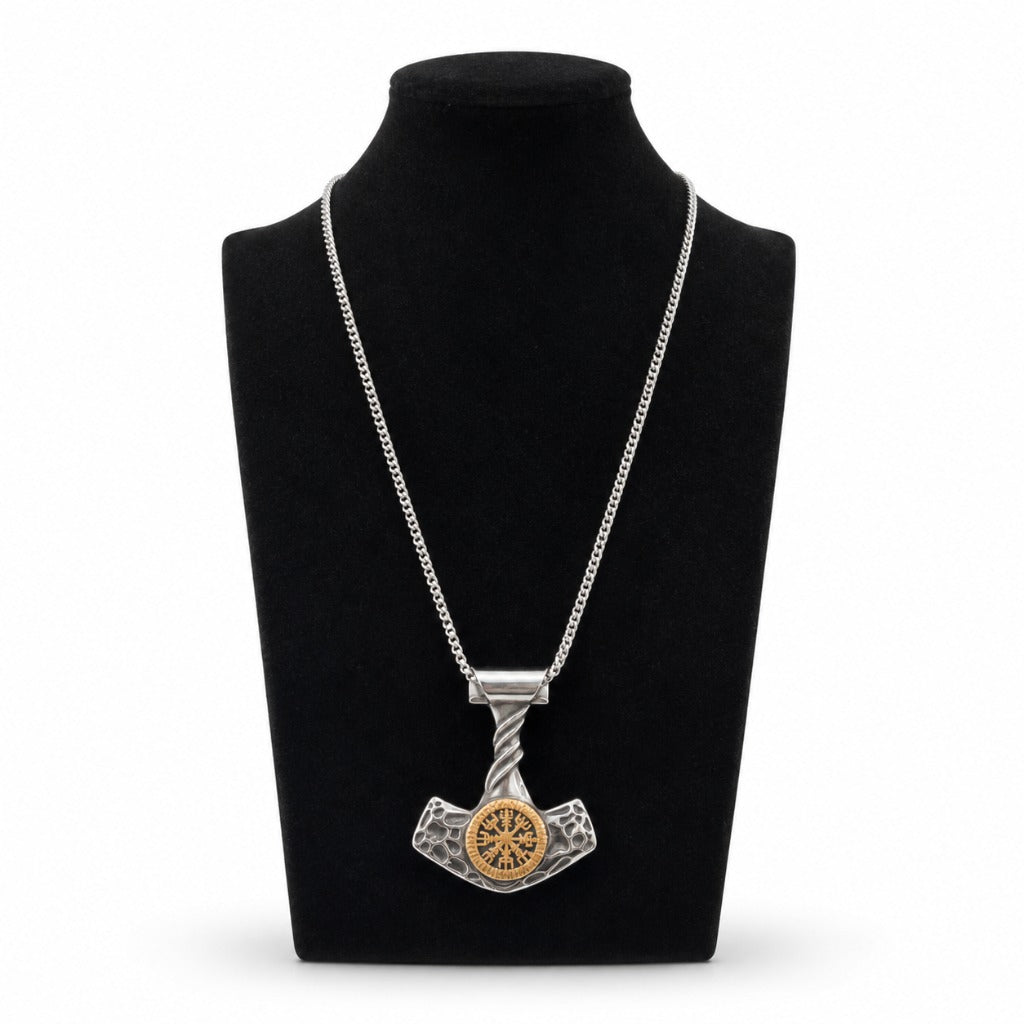 Wikinger Halskette mit Thors Hammer Mjölnir Vegvisir Anhänger 6x4,5 cm Runenmotiv nordischer Schmuck Unisex – Bild 2