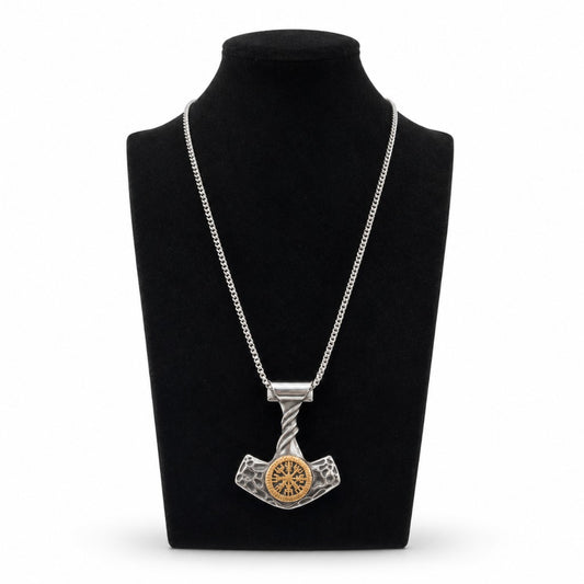 Wikinger Halskette mit Thors Hammer Mjölnir Vegvisir Anhänger 6x4,5 cm Runenmotiv nordischer Schmuck Unisex – Bild 2