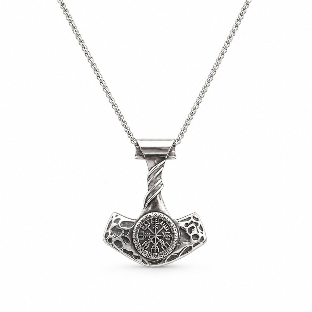 Wikinger Halskette mit Thors Hammer Mjölnir Vegvisir Anhänger 6x4,5 cm Runenmotiv nordischer Schmuck Unisex – Bild 3