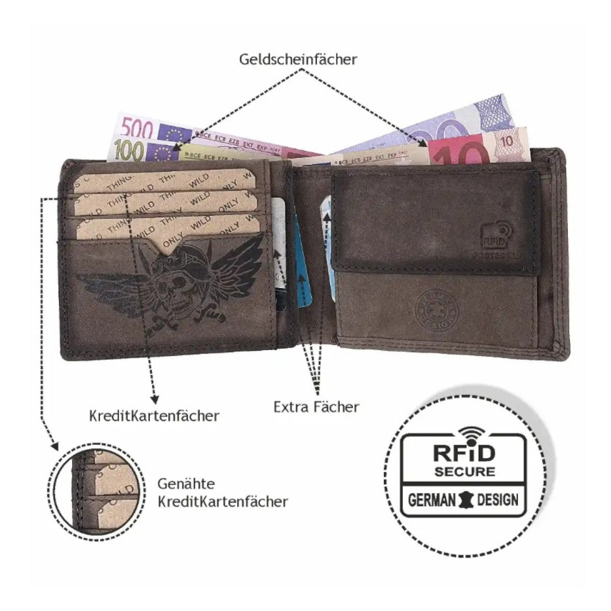 Wild Things Only Herren Leder Geldbörse Natur mit Totenkopf & Flügel