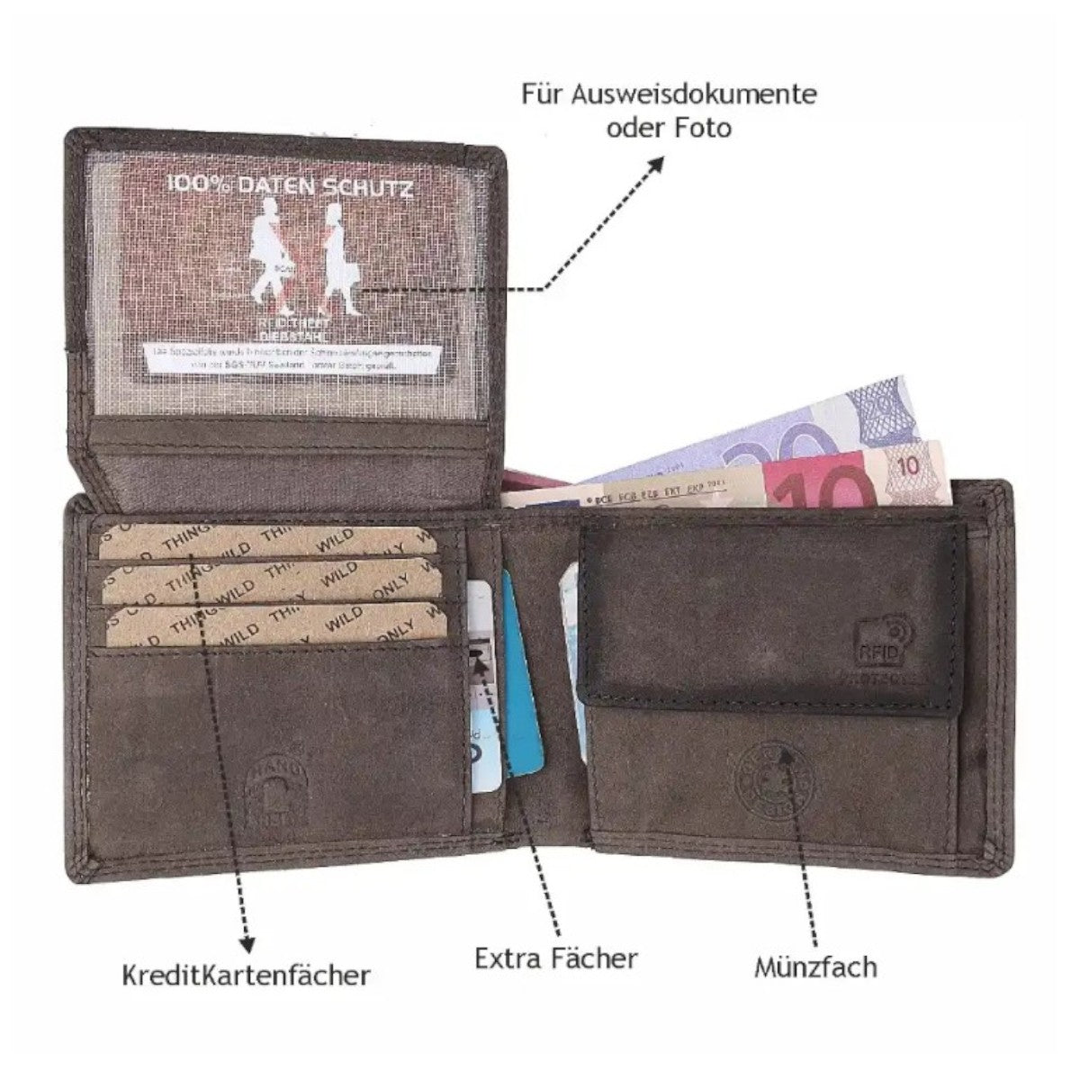 Wild Things Only Herren Leder Geldbörse Natur mit Totenkopf & Flügel