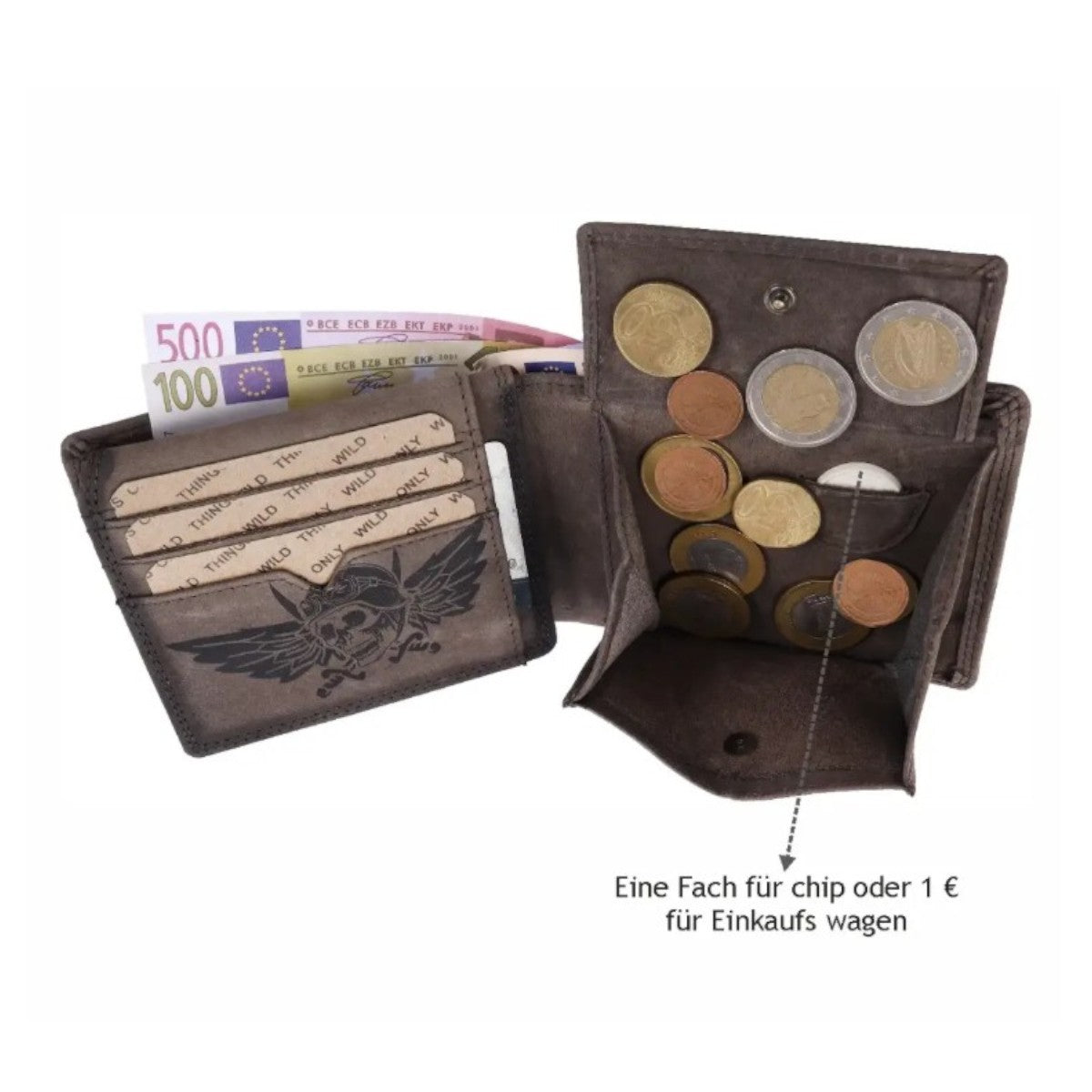 Wild Things Only Herren Leder Geldbörse Natur mit Totenkopf & Flügel