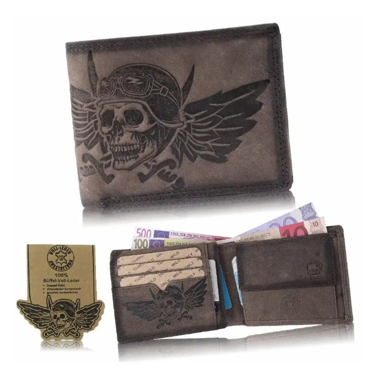 Wild Things Only Herren Leder Geldbörse Natur mit Totenkopf & Flügel