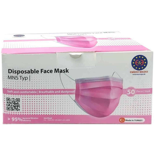 50x Mundschutz Masken 3-lagig, Vlies, Gummibänder, pink rosa